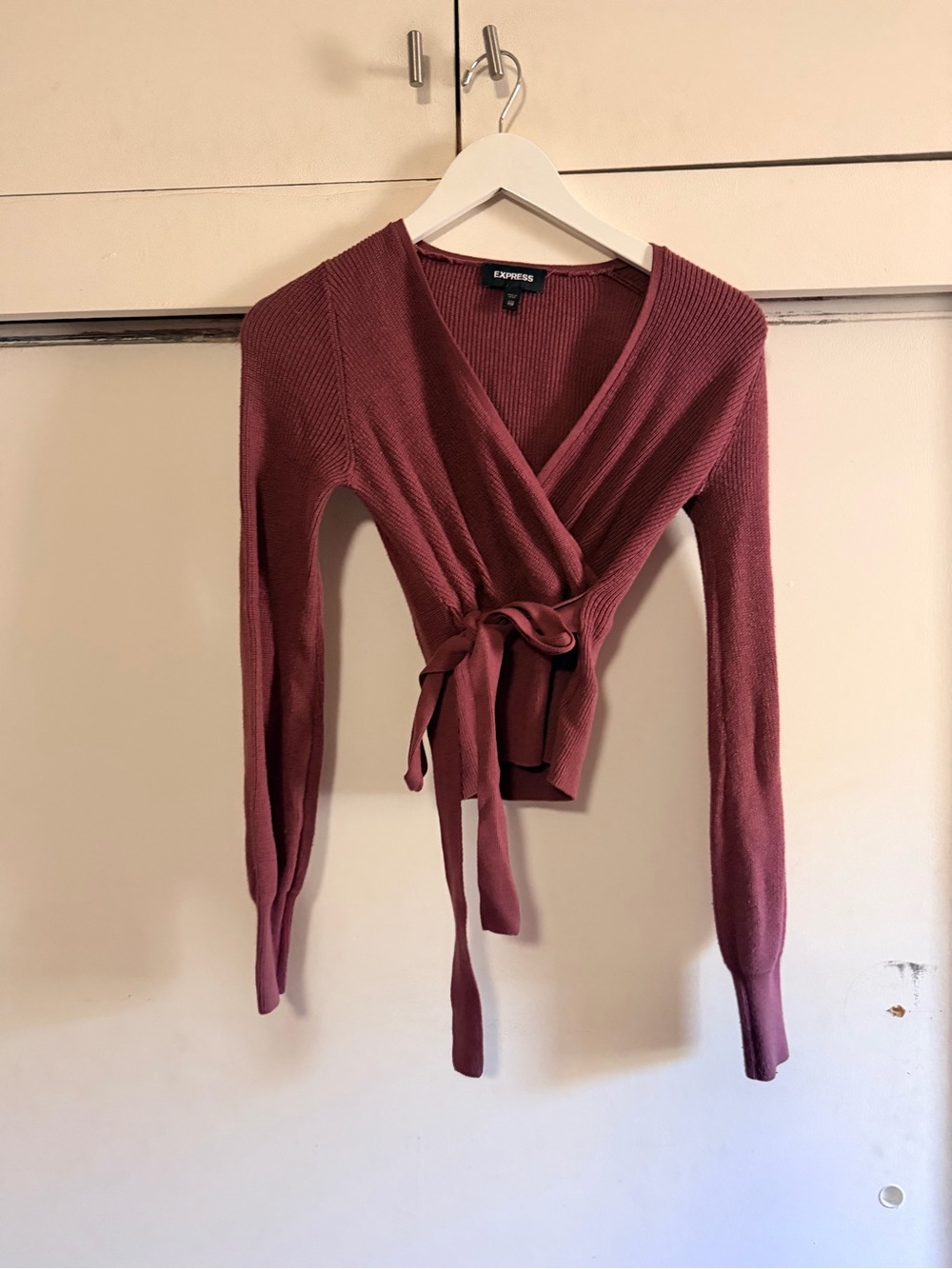 Express Ribbed Wrap-Style Knit Top in Mauve